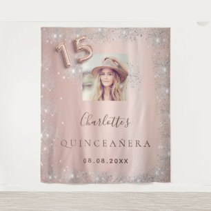 Quinceanera roze goud foto zilver glitters wandkleed