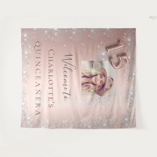 Quinceanera roze goud foto zilver wandkleed (Voorkant (horizontaal))