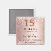 Quinceanera roze goud glittersparel save the date magneet (Voorkant / Achterkant)