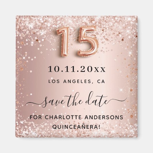 Quinceanera roze goud glittersparel save the date magneet (Voorkant)