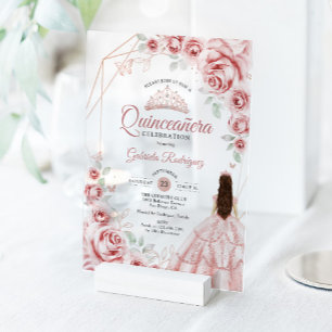 Quinceanera Roze Goud Roze Jurk Bloem Acryl Uitnodigingen