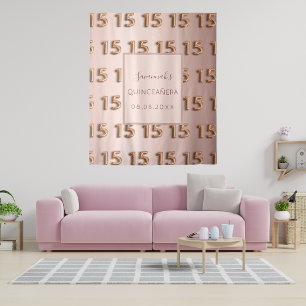 Quinceanera roze goud roze monogram 15 wandtapijt wandkleed