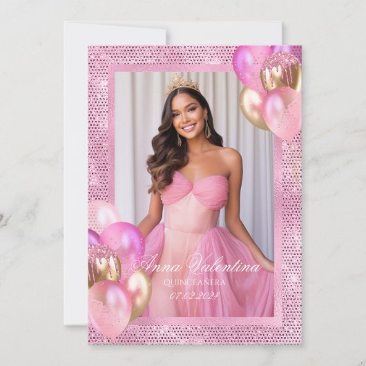 Quinceañera Roze Goud Verjaardag Foto uitnodiging (Voorkant)