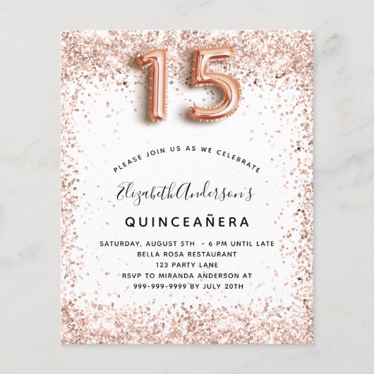 Quinceanera roze goud witte budget uitnodiging flyer (Voorkant)