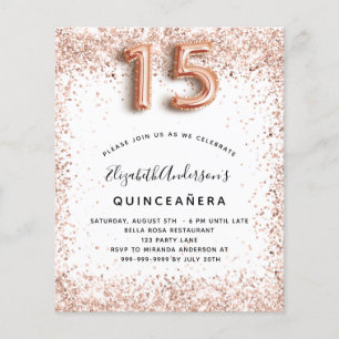 Quinceanera roze goud witte budget uitnodiging flyer