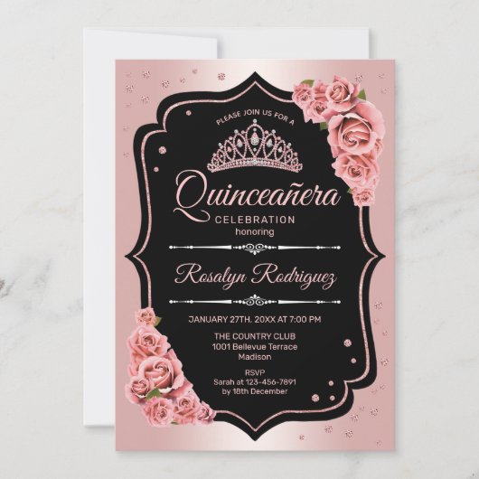 Quinceanera - Roze Goud Zwart Kaart (Voorkant)