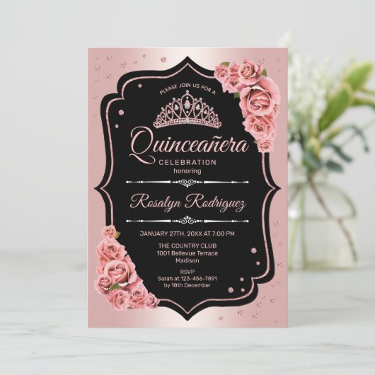 Quinceanera - Roze Goud Zwart Kaart (Staand voorkant)