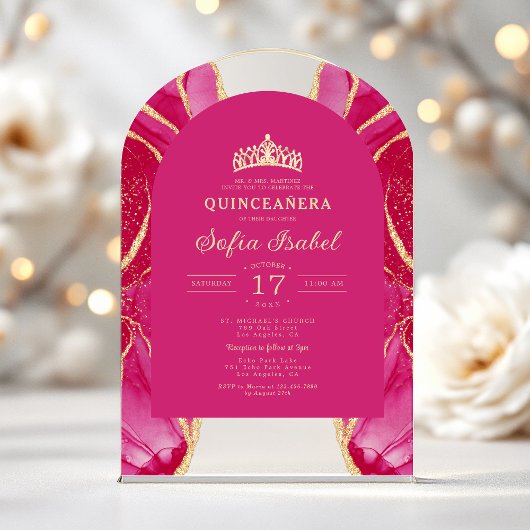 Quinceañera Roze Gouden Agaat Elegant Acryl Uitnodigingen