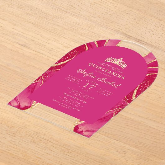 Quinceañera Roze Gouden Agaat Elegant Acryl Uitnodigingen (Laagn)