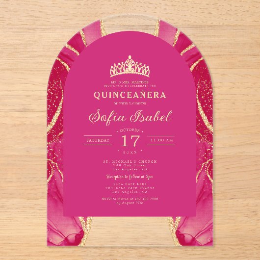 Quinceañera Roze Gouden Agaat Elegant Acryl Uitnodigingen (Voorkant)