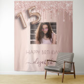 Quinceanera roze gouden blush glitter druppels fot wandkleed (In situ)