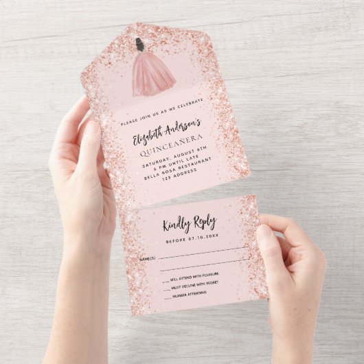 Quinceanera roze gouden blush jurk feest RSVP All In One Uitnodiging (Afscheurbaar)