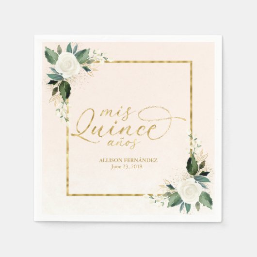 Quinceanera Roze Gouden Folie Bloemen Servetten (Voorkant)