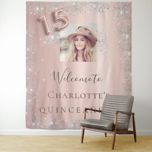 Quinceanera roze gouden foto zilver wandkleed (In situ)