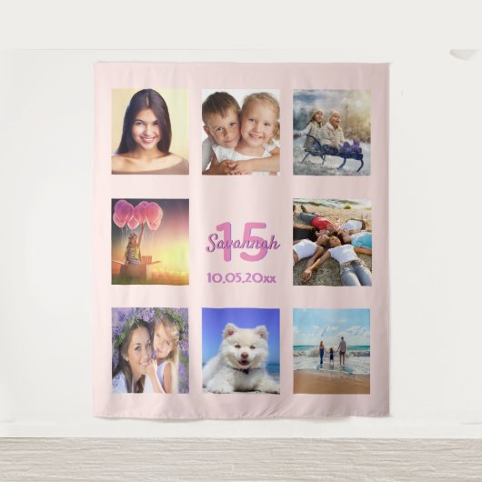 Quinceanera roze gouden fotocollage wandkleed (Voorkant)