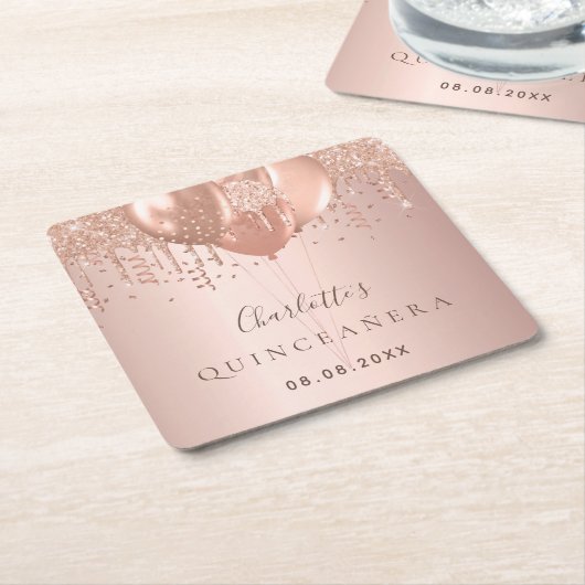 Quinceanera roze gouden glinsterende ballonnen mon kartonnen onderzetters (Schuin)