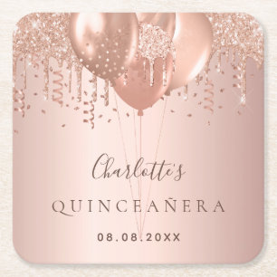 Quinceanera roze gouden glinsterende ballonnen mon kartonnen onderzetters