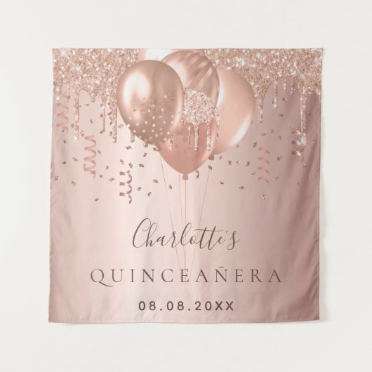 Quinceanera roze gouden glinsterende ballonnen mon wandkleed (Voorkant)