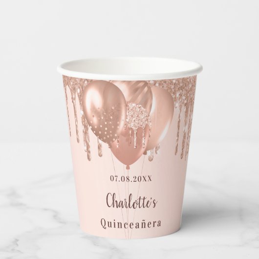 Quinceanera roze gouden glinsterende ballonnen papieren bekers (Achterkant)