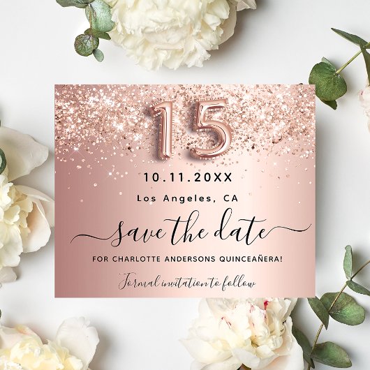 Quinceanera roze gouden glitter budget save the da flyer