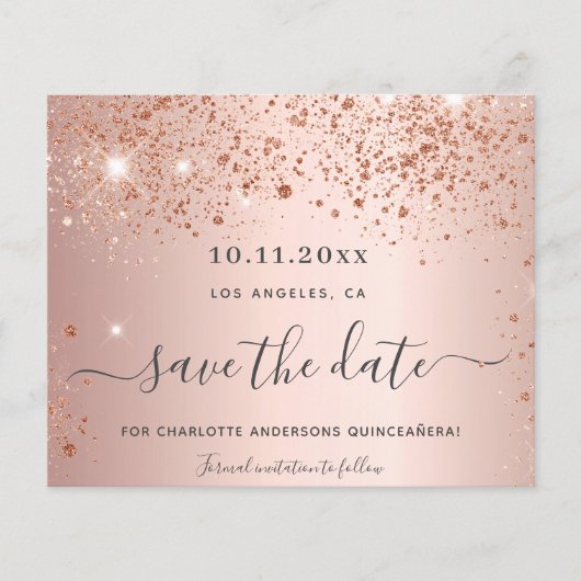 Quinceanera roze gouden glitters save the date (Voorkant)