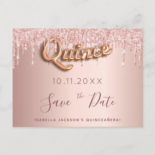 Quinceanera roze gouden glitters save the date briefkaart (Voorkant)