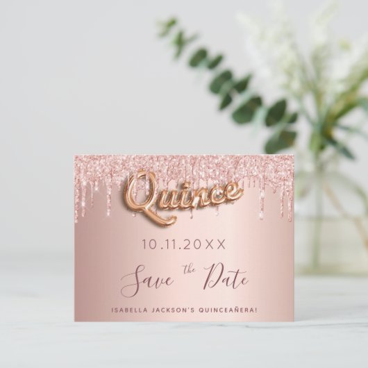 Quinceanera roze gouden glitters save the date briefkaart (Staand voorkant)