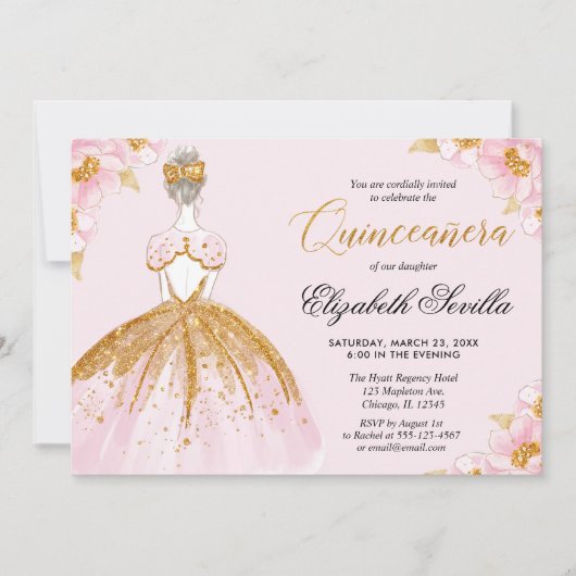 Quinceanera roze gouden glittersjurk kaart (Voorkant)