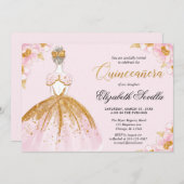 Quinceanera roze gouden glittersjurk kaart (Voorkant / Achterkant)