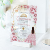 Quinceanera Roze Gouden Jurk Bloemen Acryl Uitnodigingen