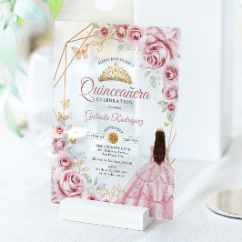 Quinceanera Roze Gouden Jurk Bloemen Acryl Uitnodigingen