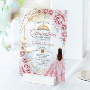 Quinceanera Roze Gouden Jurk Bloemen Acryl Uitnodigingen
