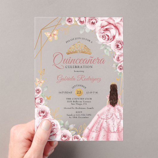 Quinceanera Roze Gouden Jurk Bloemen Acryl Uitnodigingen (Insitu (Draagbaar))