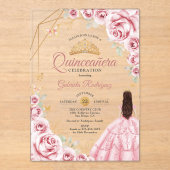 Quinceanera Roze Gouden Jurk Bloemen Acryl Uitnodigingen (Voorkant)