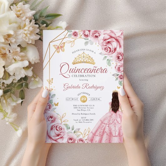 Quinceanera Roze Gouden Jurk Bloemen Kaart