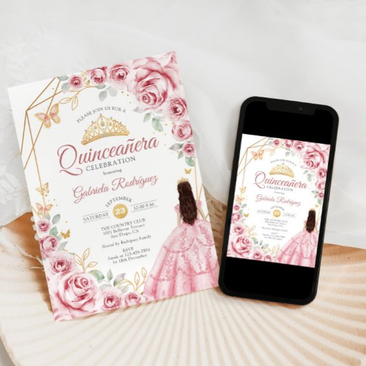 Quinceanera Roze Gouden Jurk Bloemen Kaart