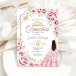 Quinceanera Roze Gouden Jurk Bloemen Kaart