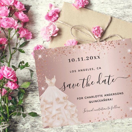 Quinceanera roze gouden jurk budget save the date flyer