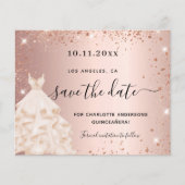 Quinceanera roze gouden jurk budget save the date flyer (Voorkant)