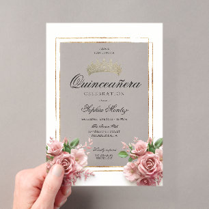 Quinceañera Roze Gouden Kroon Acryl Uitnodigingen