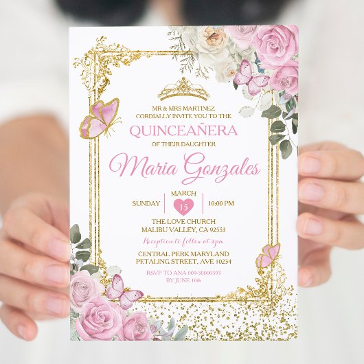 Quinceañera Roze & Gouden Kroon Mexicaanse Vlinder Kaart