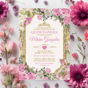 Quinceañera Roze & Gouden Kroon Mexicaanse Vlinder Kaart