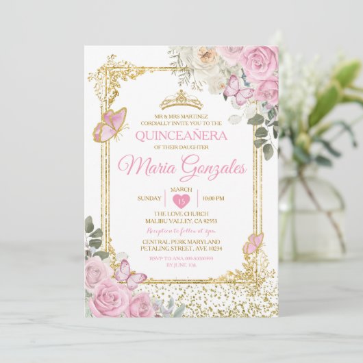 Quinceañera Roze & Gouden Kroon Mexicaanse Vlinder Kaart (Staand voorkant)