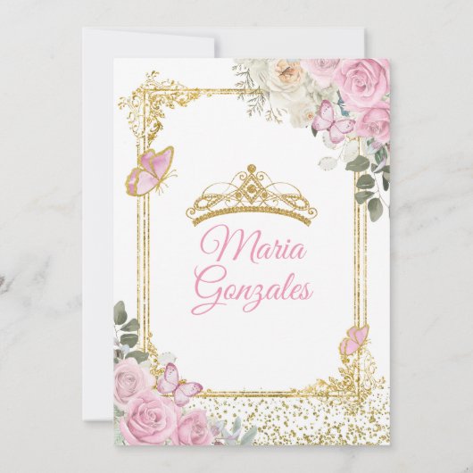 Quinceañera Roze & Gouden Kroon Mexicaanse Vlinder Kaart (Achterkant)