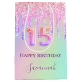 Quinceanera roze holografische druppels naam medium cadeauzakje (Voorkant)