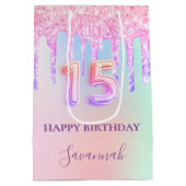 Quinceanera roze holografische druppels naam medium cadeauzakje (Achterkant)