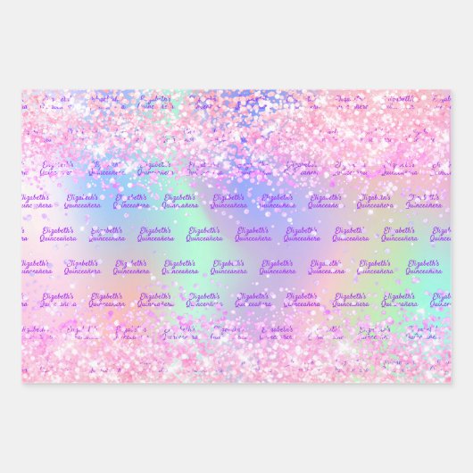 Quinceanera roze holografische naam inpakpapier vel (Voorkant 3)