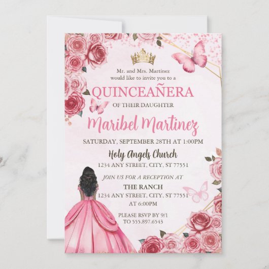 Quinceanera Roze Jurk Floral Butterfly Kaart (Voorkant)