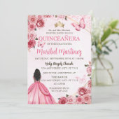 Quinceanera Roze Jurk Floral Butterfly Kaart (Staand voorkant)
