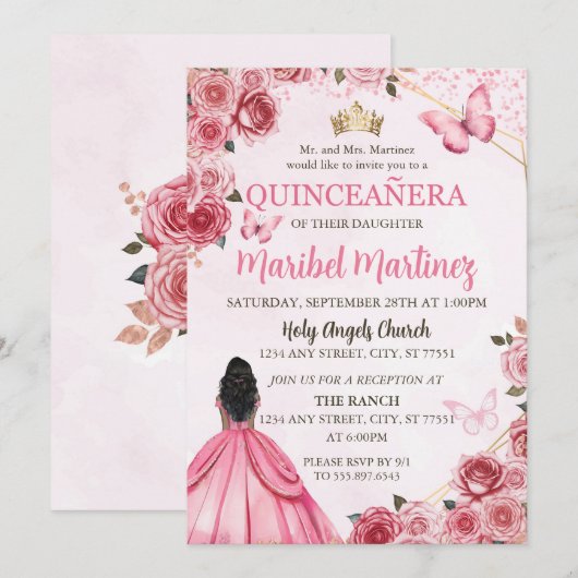 Quinceanera Roze Jurk Floral Butterfly Kaart (Voorkant / Achterkant)
